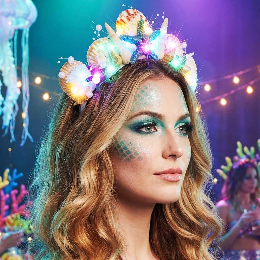 BARTOSI Light Up Mermaid Crown LED Seashell Tiaras Starfish Headband Mermaid Hair Accessories for Women - Image 3
