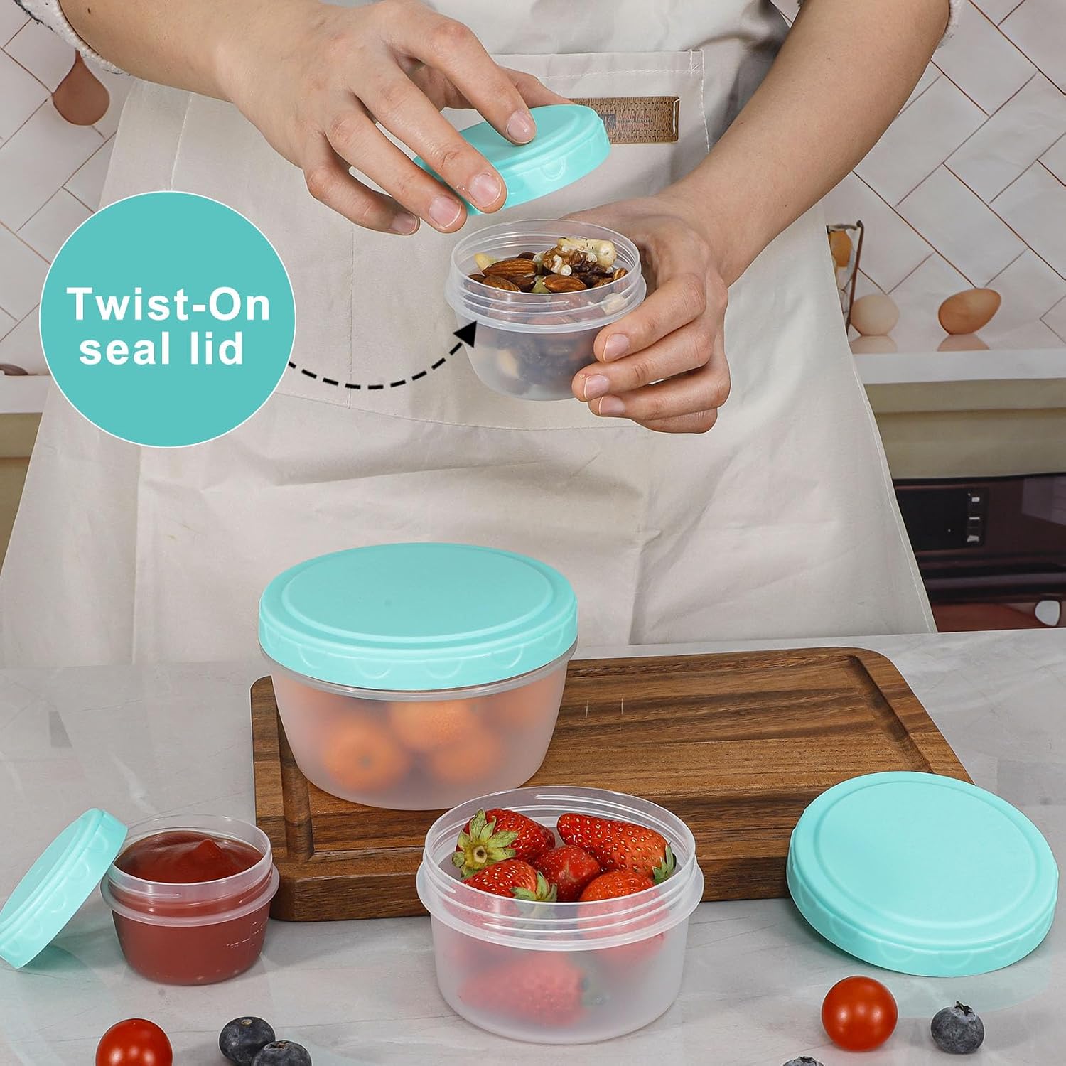 [Pacote com 4] Conjunto de recipientes de armazenamento de alimentos com tampas, recipientes empilháveis para lanches com tampa rosqueada à prova de vazamento, recipiente redondo sem BPA para molho de