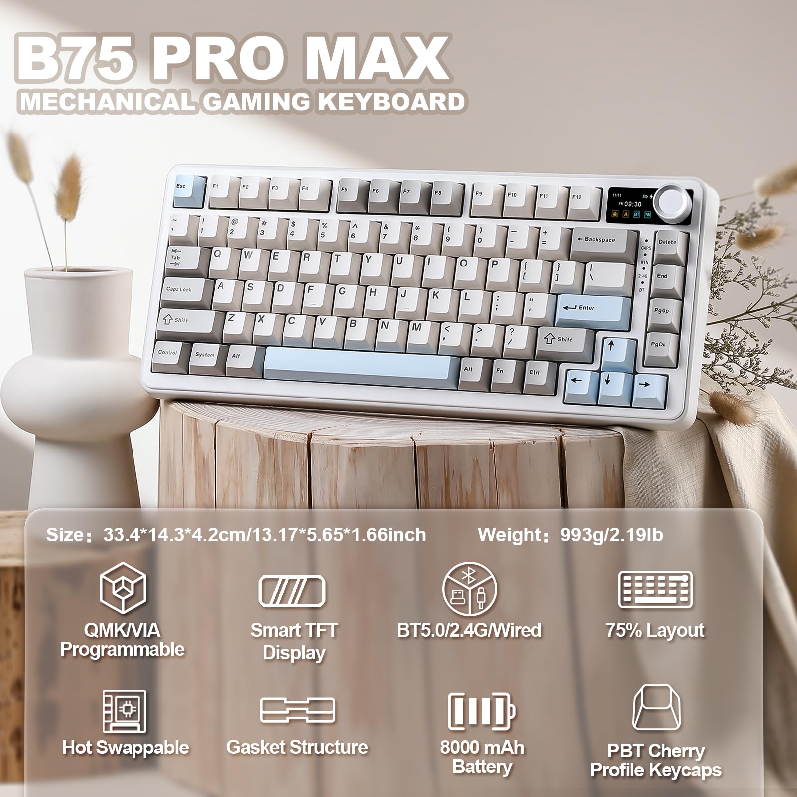 YUNZII B75 PRO MAX QMK/VIA Gaming-Tastatur, 75% Mechanische Tastatur mit Bildschirm und Drehregler,Hot-Swap,Vorgefettete Creamy Switches, RGB, BT/Type-C/2.4G für Win/Mac (Beige, Candy Switch)