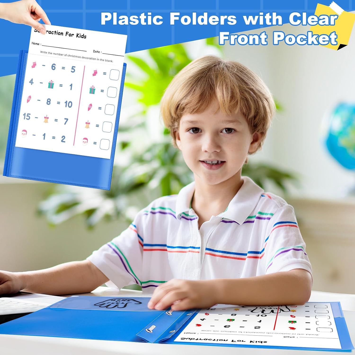 Henoyso 48 Pcs 2 Plastic Folders with Clear Front Pockets and Prongs School to Home File Organizer Plastic for Back to School Parent-Teacher Communication Homework Office (Blue)