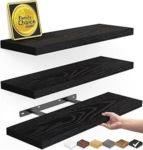 BAYKA Floating Shelves for Wall, Wall Mounted Rustic Wood Shelves for Bathroom, Bedroom, Living Room, Kitchen, Hanging Shelf for Books/Storage/Room Decor with 22lbs Capacity (Black, Set of 3, 15.7in)