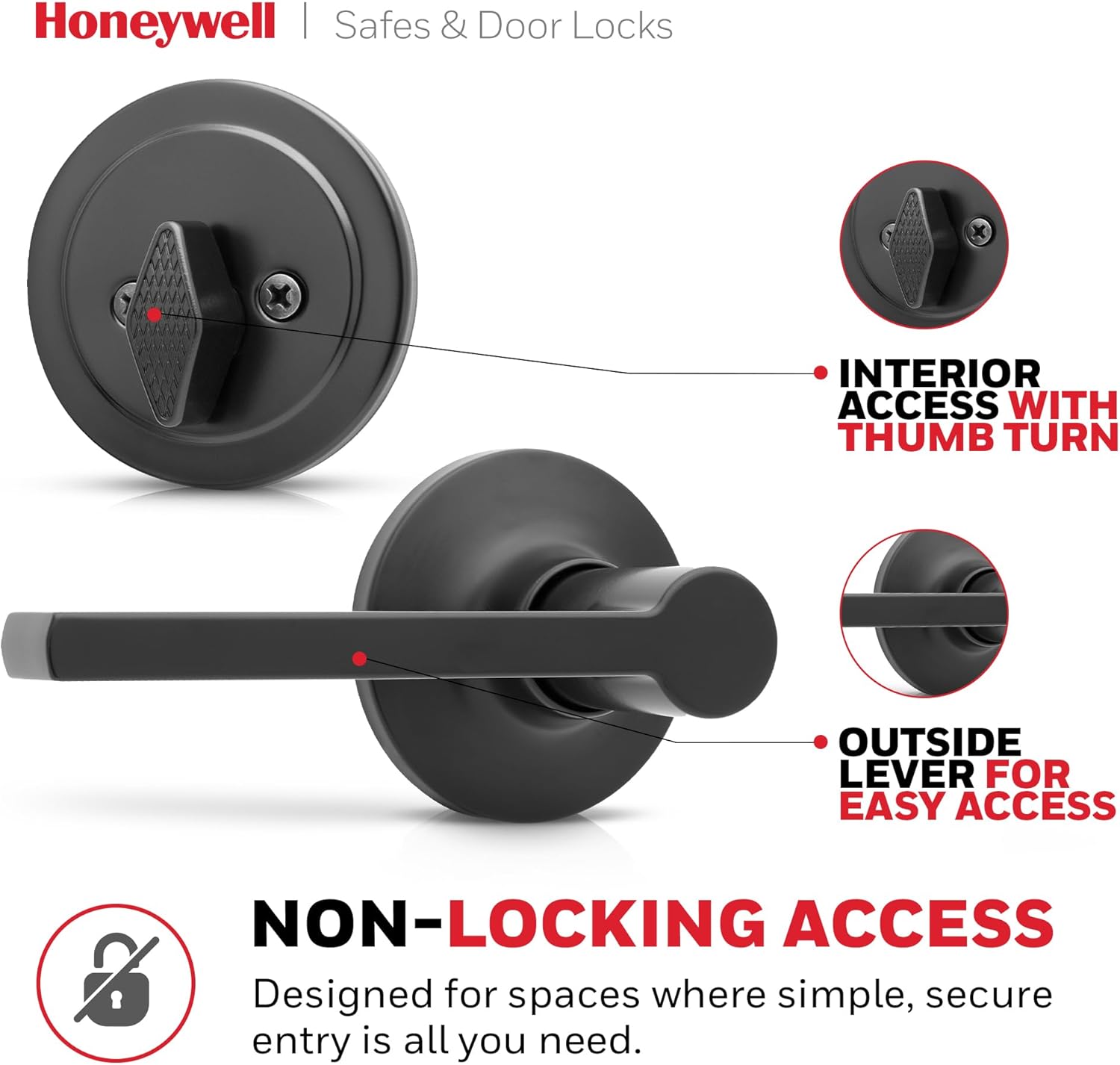 Honeywell Safes & Door Locks Matte Black Front Entry Handleset with Single Cylinder Deadbolt – Stylish and Secure, Door Lock with Curved Lever for Interior and Exterior Doors - 8108640