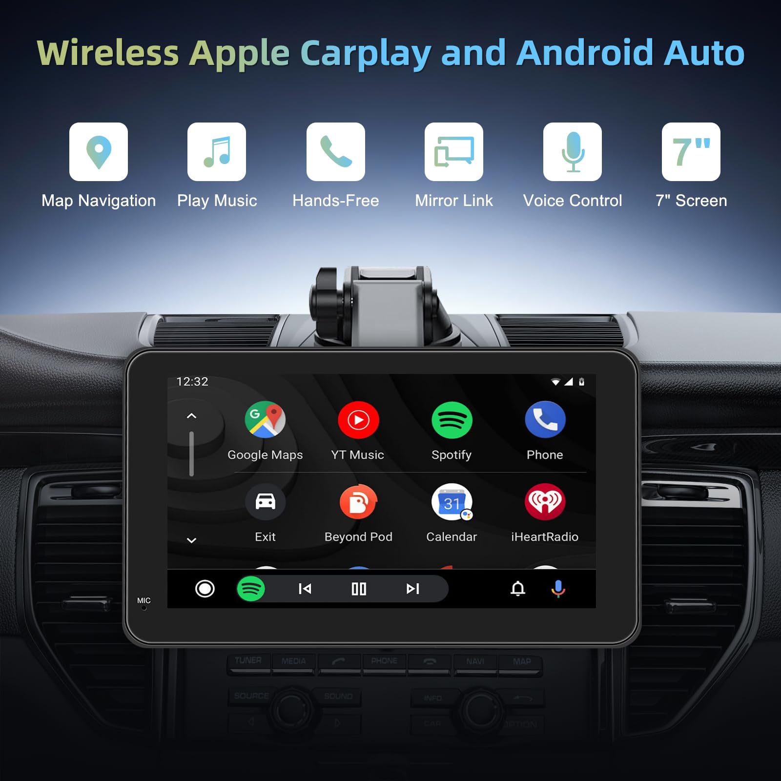 CarPlay sans Fil et pour A-pple Carplay & Android Auto, Écran Tactile IPS de 7'' ecran Voiture, Voiture Autoradio,Autoradio Portable avec Mirror Link/Bluetooth/GPS Navigation/Commande Vocale/AUX/FM