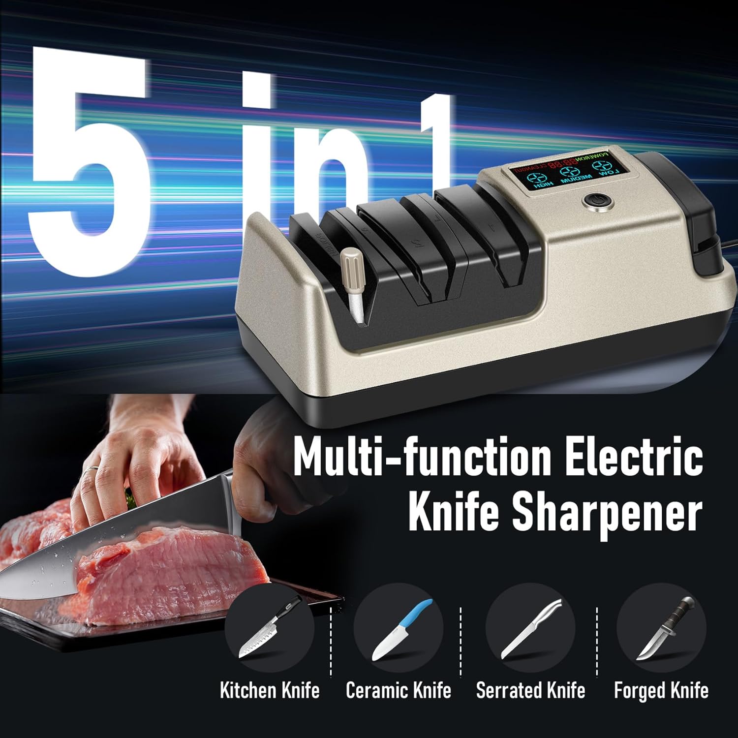 5 in 1 Electric Knife Sharpener for Kitchen Knives, 3 Adjustable Speed, 100% Diamond knife sharpener for Straight, Scissors, Serrated & Ceramic Knives, Light Blonde