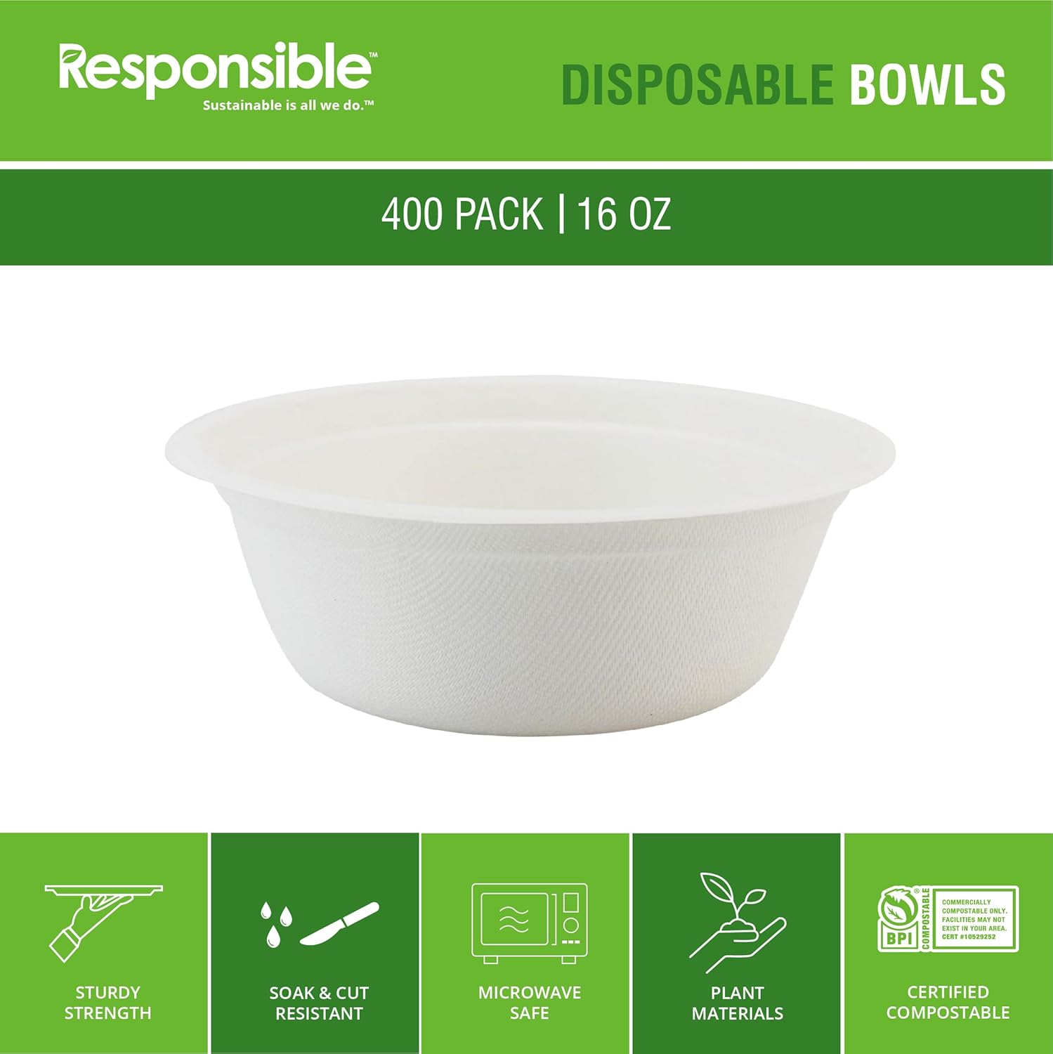 Responsible Products bowls are eco-friendly, Disposable Paper Bowls 16oz For Hot Soup (400 Count),Heavy Duty Paper Dinner Bowls, Dessert Bowls, Made from Sugarcane ＆ Bamboo Fibers