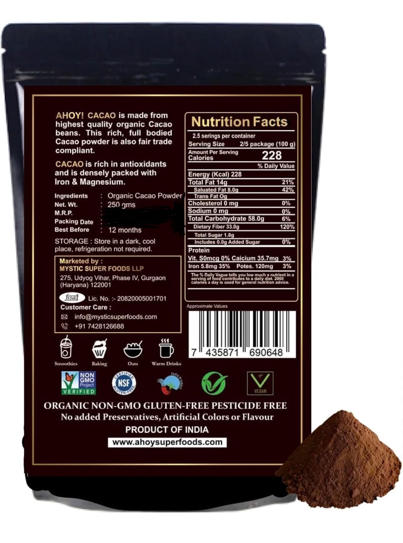 Ahoy! Raw Unsweetened Cacao Powder | Organic | Single Origin | Gluten Free | Non Alkalized & Non GMO 250gm - Image 2 thumbnail