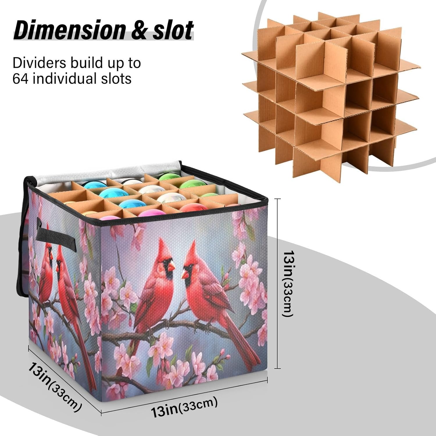 Cardinal Bird Pattern 13 Inch Christmas Ornament Storage Box with Lid - Holiday Decor Storage Containers, Stores 64 Ornaments, 3 Inch Cube Compartments
