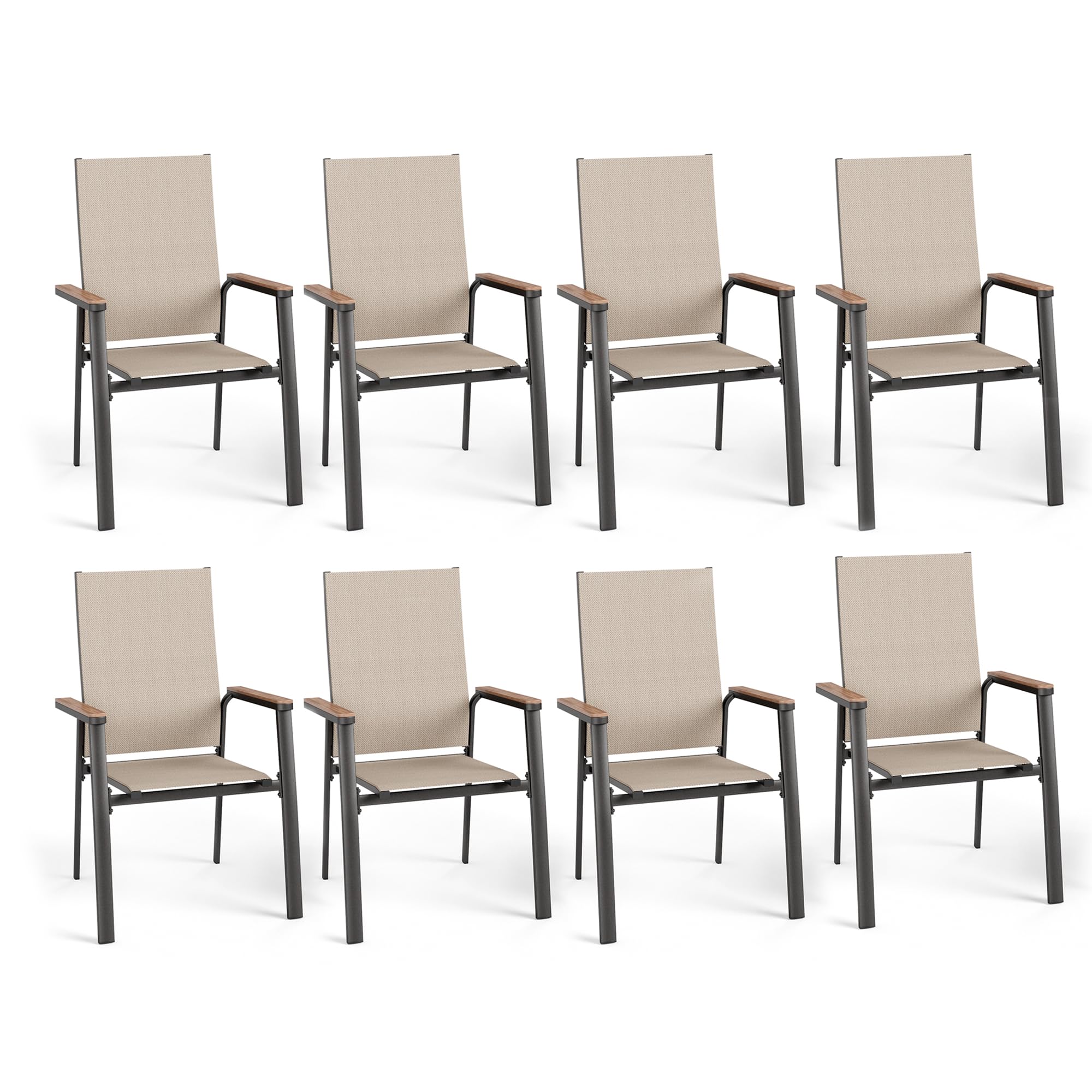MFSTUDIO Gartenstuhl 8er Set Aluminium, Textilene Balkon Stühle Stapelbar mit Handlauf mit Holzmaserung, Outdoor Sessel für Terrasse, Balkon, Veranda, Wetterfest