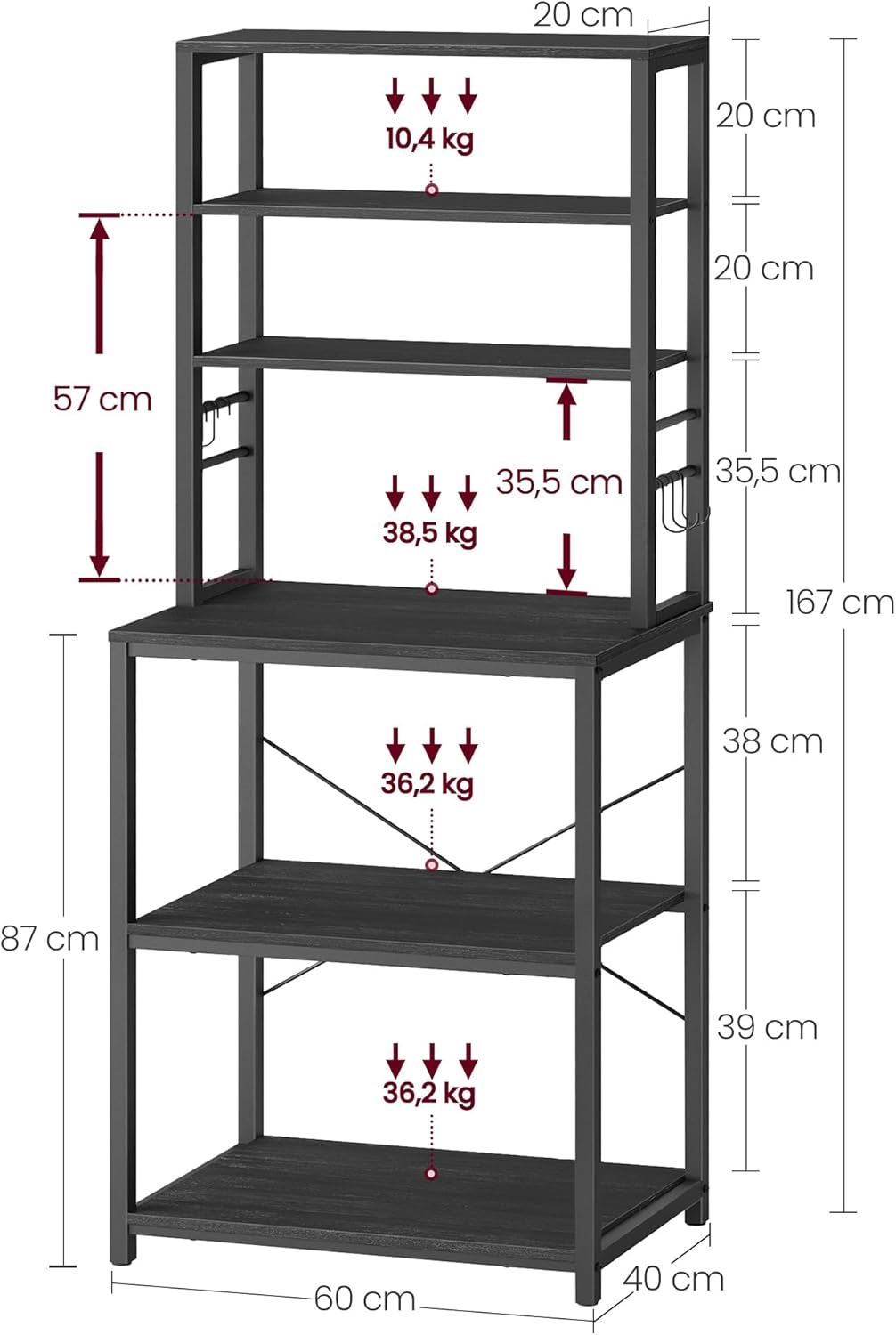 Close-up of the six S-hooks attached to the side rails of the baker's rack, holding kitchen utensils.