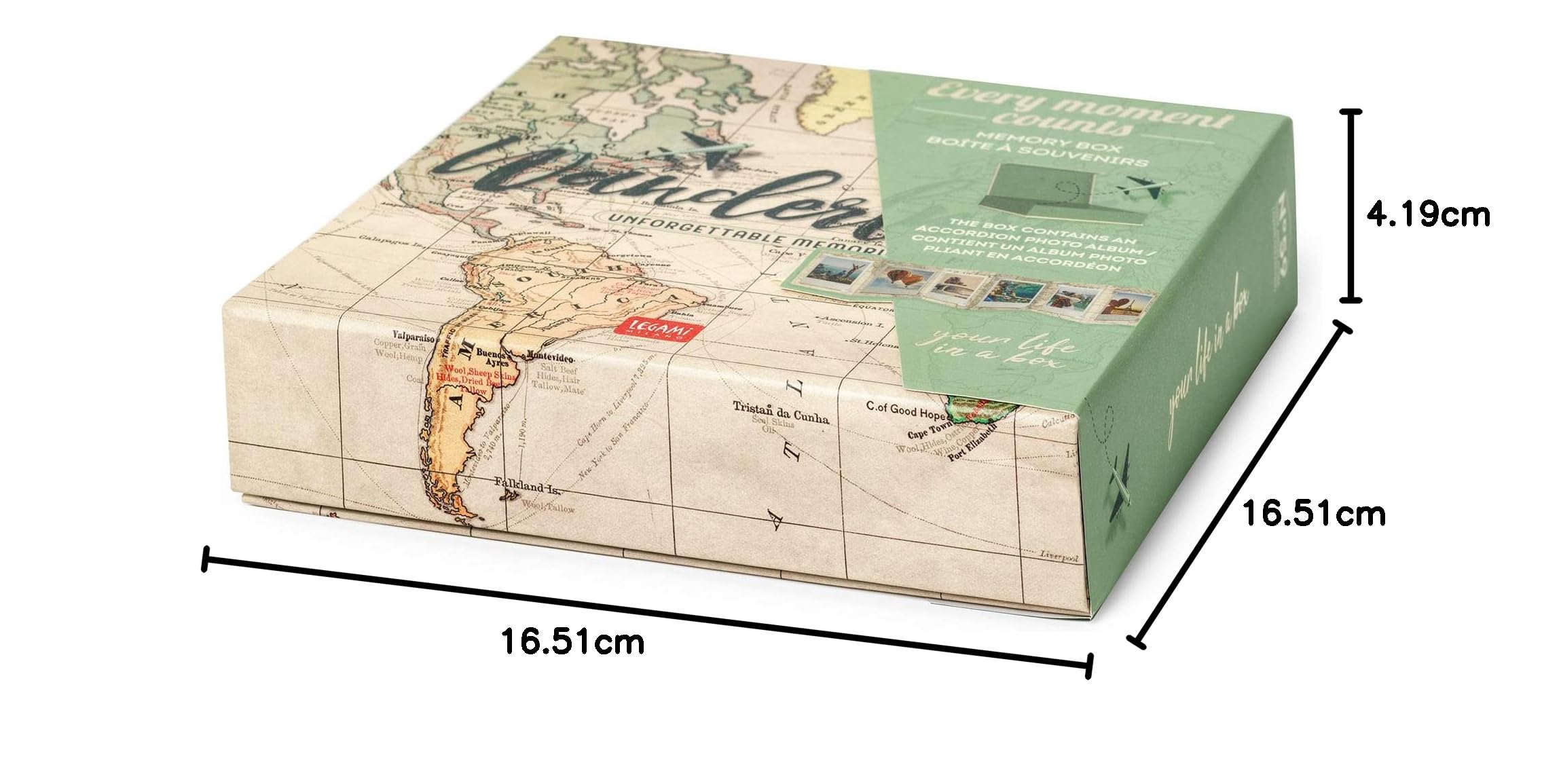 Legami - Every Moment Counts Memory Box, 16,5 x 4,2 cm, boîte de rangement en carton robuste, comprend un album plié en accordéon, fermeture magnétique, pour photos (9 x 11 cm) et petits objets
