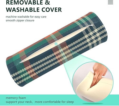 Miniatura 4 de KLL Plaid Pattern with Green White Orange Round Bolster Pillow Memory Foam Neck Roll Pillow Foam Round Pillow Cushion Insert Support Pillow