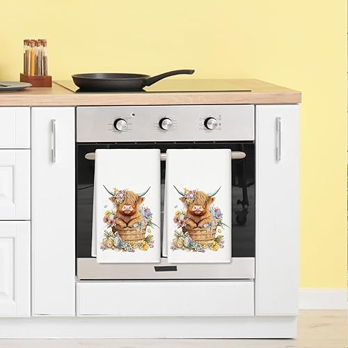 Miniatura 7 de AnyDesign - Toalla de cocina de Pascua de 18 x 28 pulgadas, lindo paño de cocina floral de vaca de las tierras altas, toalla de té de secado a mano
