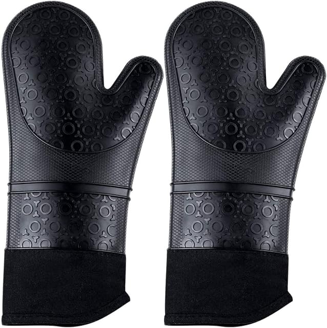 StarCooks Silicone Oven Gloves/Mitts, Heat Resistant with Soft cotton Lining, Extra Long Protection, Waterproof, Non-slip, perfect for Grilling, Cooking, Baking in the Kitchen (Black, 1 pair)