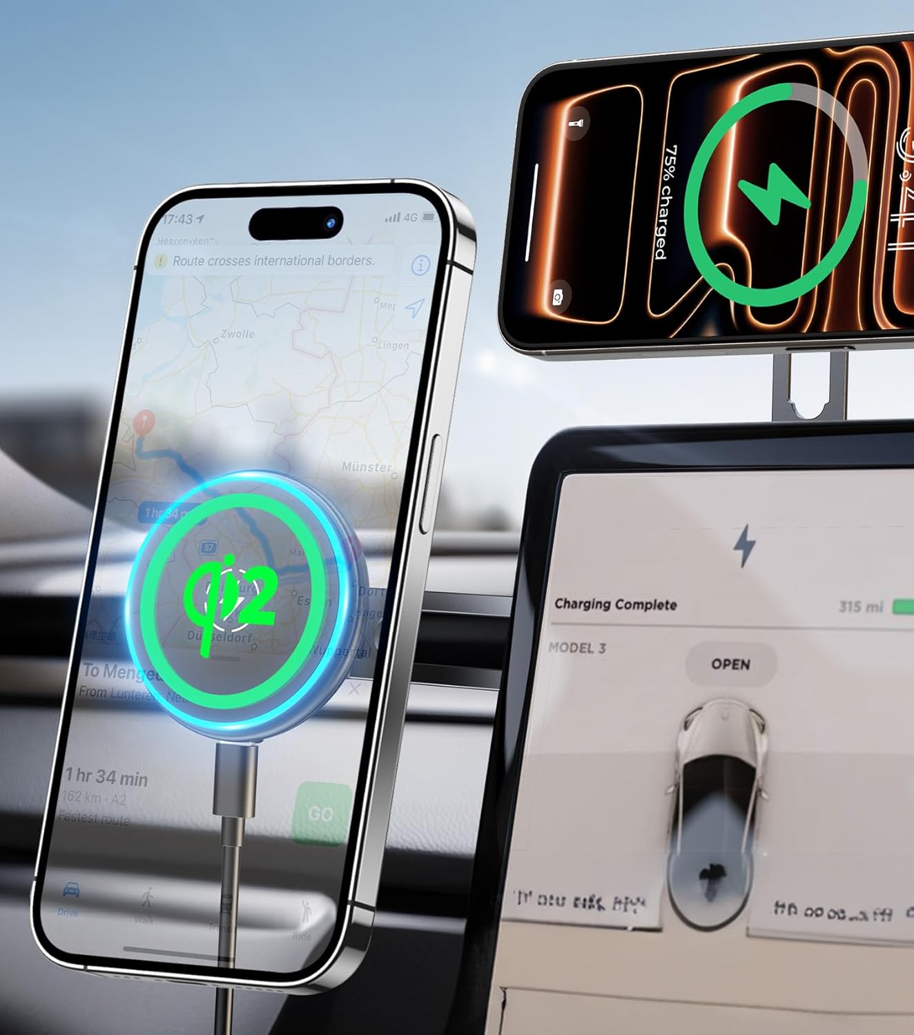 Tesla Folding Car Mount Certified Qi2 Charger for MagSafe Accessories, 360° Adjustable Aluminum Alloy Arm, Magnetic Phone Holder for Model 3/Y/Gym/Mirror/Screen & iPhone 17/16/15 Pro Max