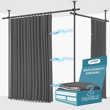 JILRON No-Drill Room Divider Curtains Set: Includes 106 W x 96 L Grey Curtain 2-Panel & Adjustable Pole Brackets (72-200 W x 43-120 H Adjustable Range)