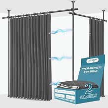 JILRON No-Drill Room Divider Curtains Set Includes 106" W x 96" L Grey Curtain 2-Panel & Adjustable Pole Brackets 72-200" W x 43-120" H Adjustable Range
