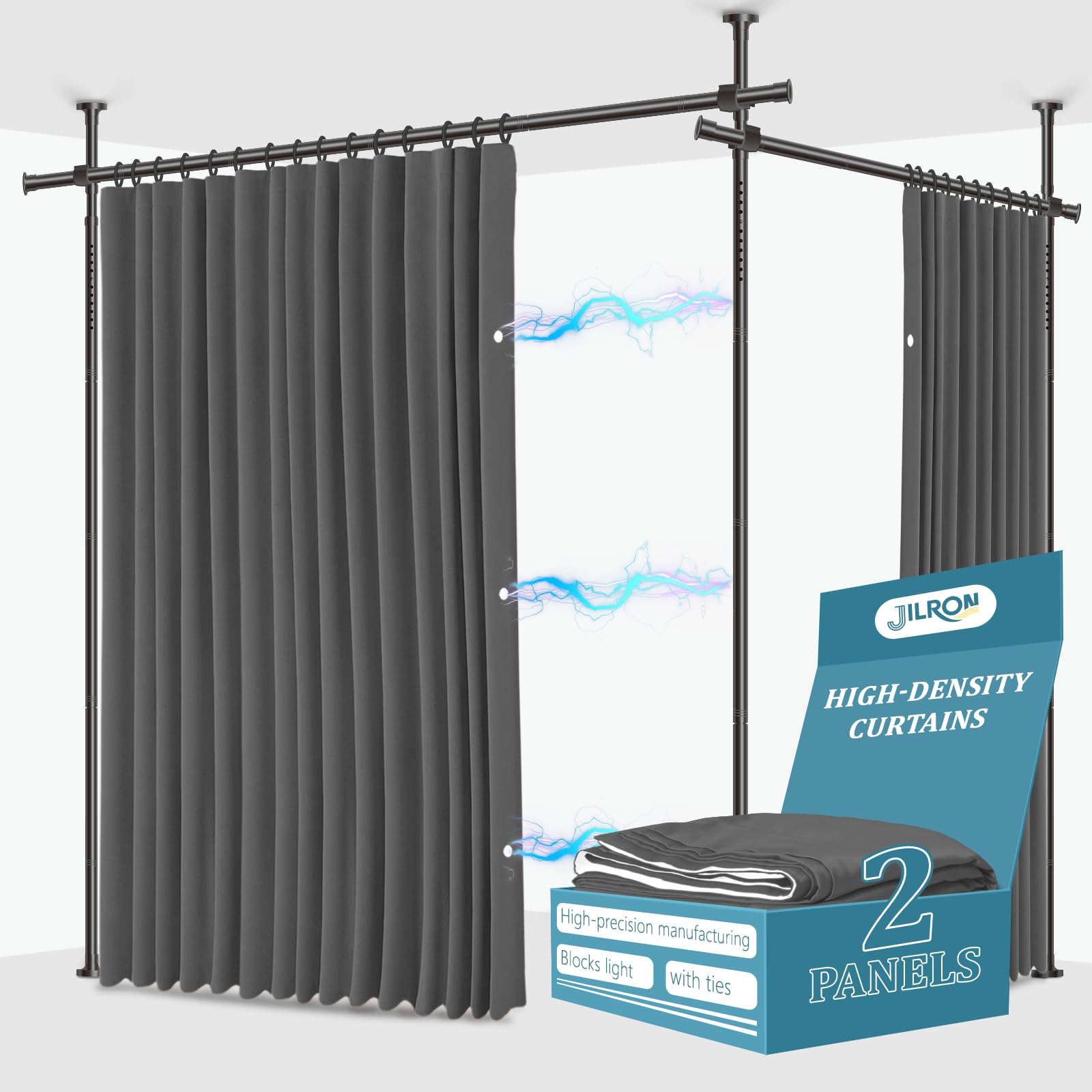 JILRON No-Drill Room Divider Curtains Set: Includes 106" W x 84" L Grey Curtain 2-Panel & Adjustable Pole Brackets (72-200" W x 43-120" H Adjustable Range)