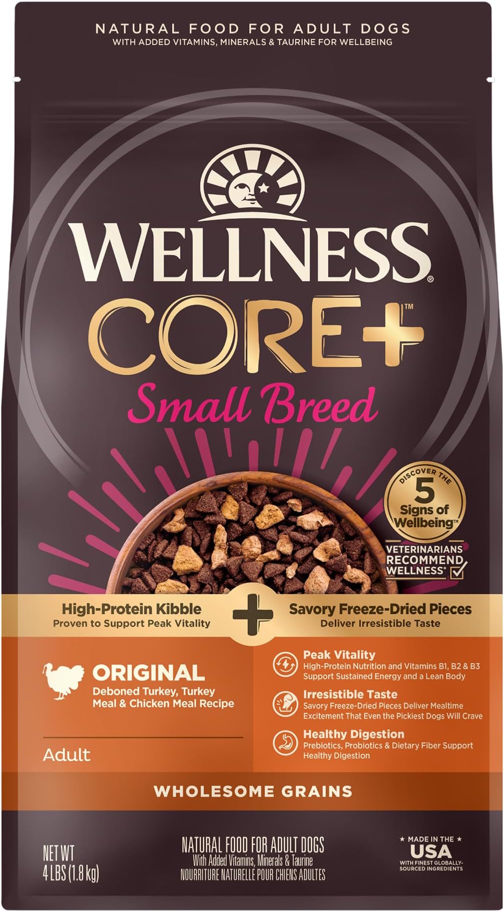 CORE+ Small Breed Adult Dry Dog Food with Freeze Dried Pieces, Wholesome Grain Kibble+, Natural, High Protein, Turkey and Chicken Recipe, 4 lb Bag