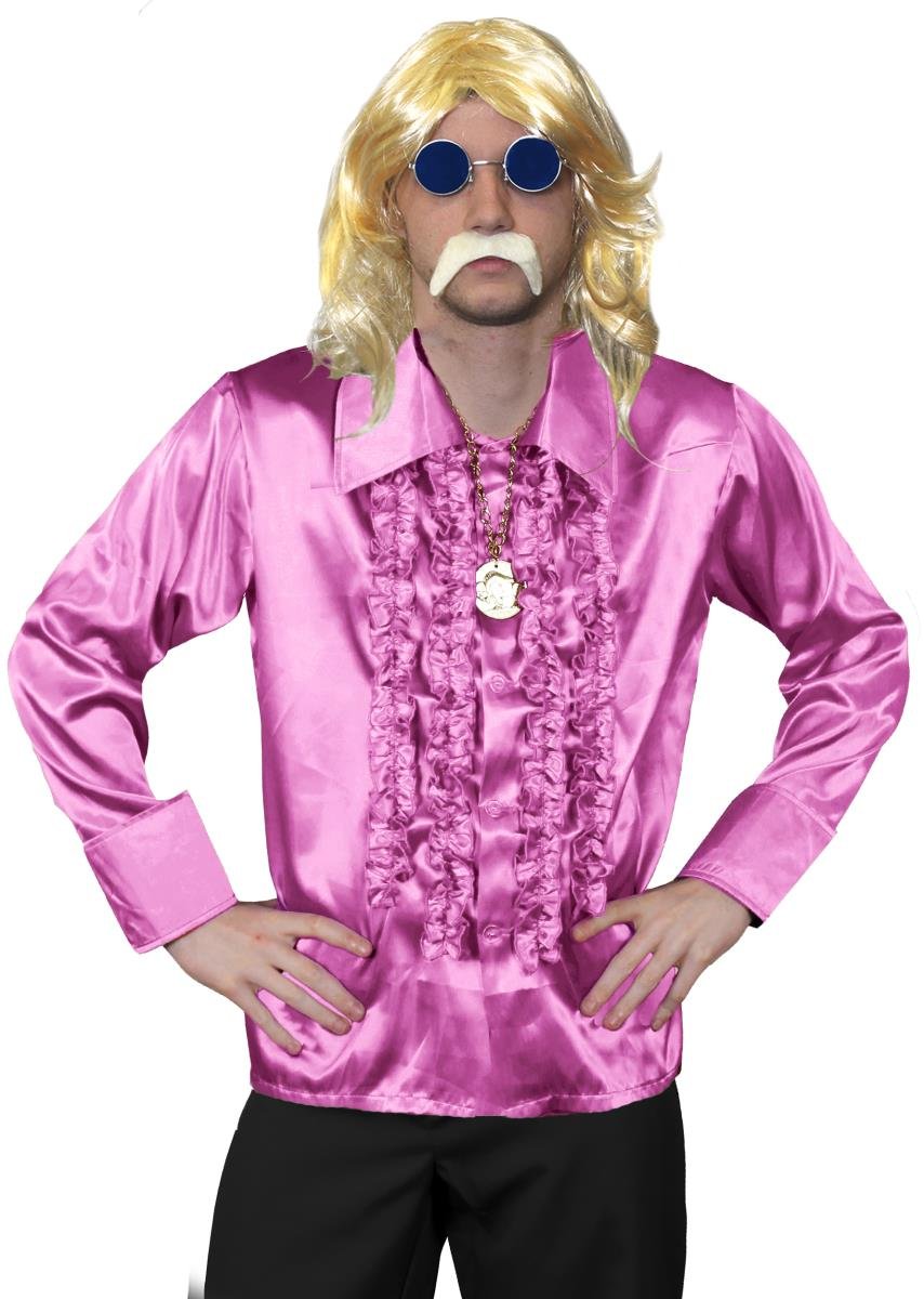 I LOVE FANCY DRESS Mens 70s Disco Costume - Long Blonde Wig for Men, Pink Disco Shirt, Gold Medallion, Blue Glasses, Blonde Tash - Funky Costume (X-large)