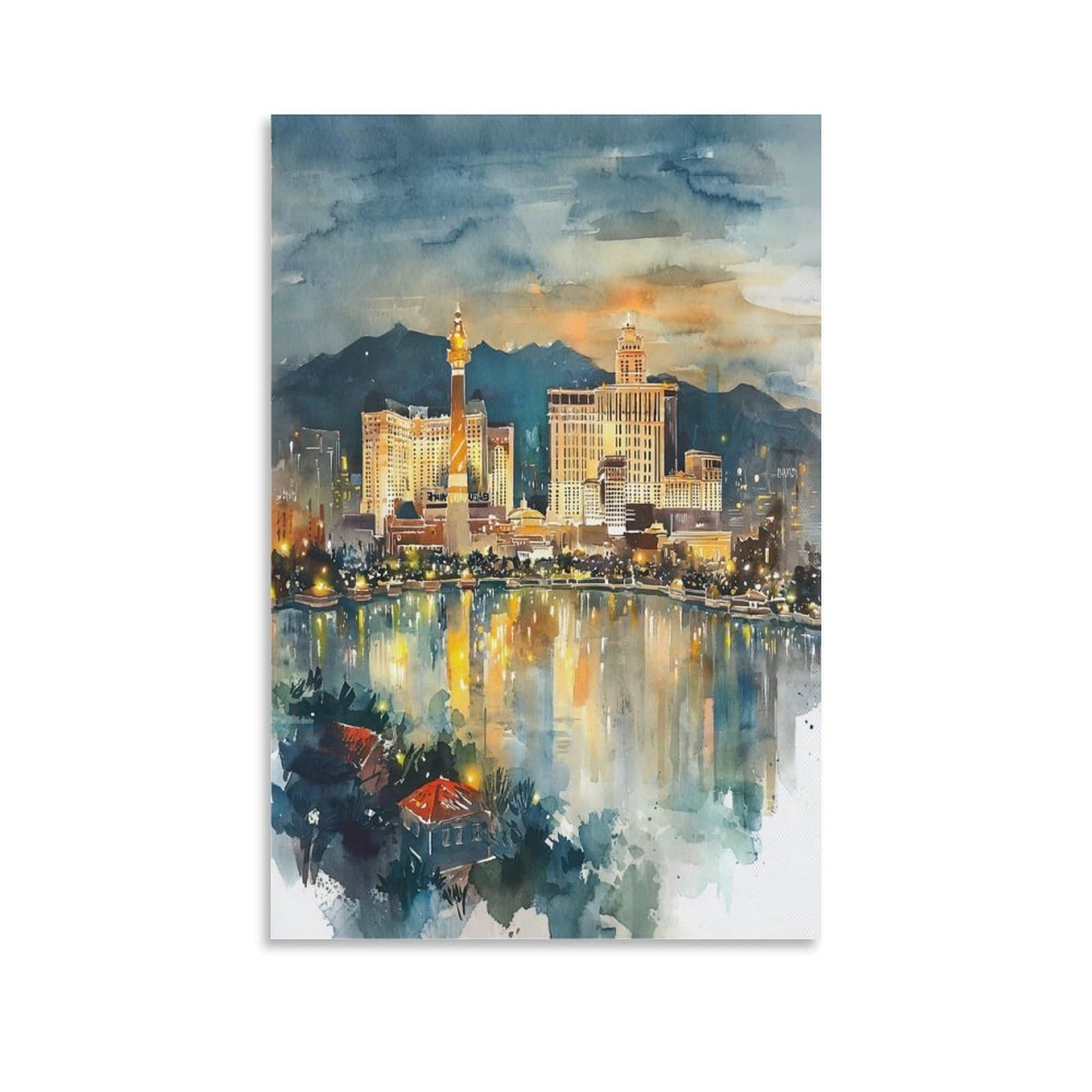 XWYMXZ Las Vegas Watercolor Nevada Street 16x24inch(40x60cm) Vintage Travel Poster Watercolor Canvas Art