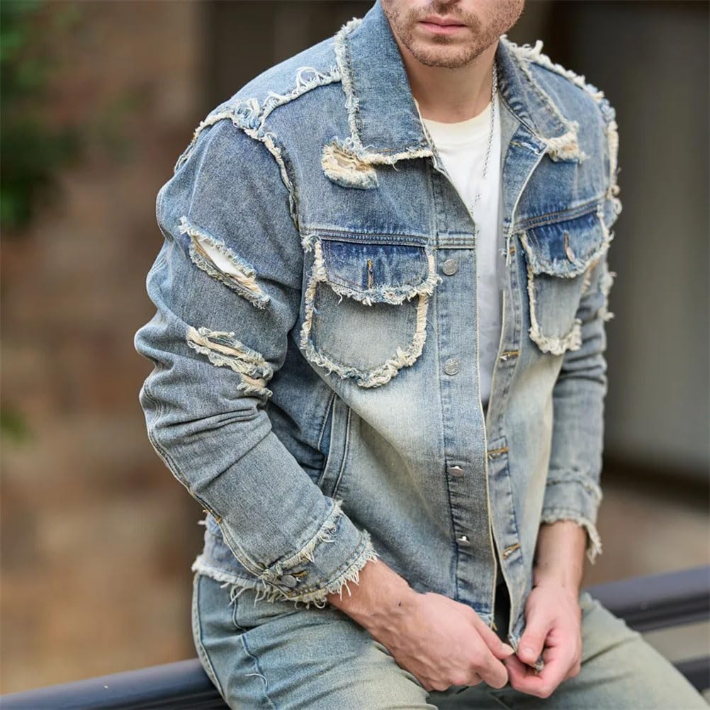 Men Streetwear Solid Ripped Slim Denim Jacket Male Holes Casual Jacket Coat Casual Classic Denim Jacket
