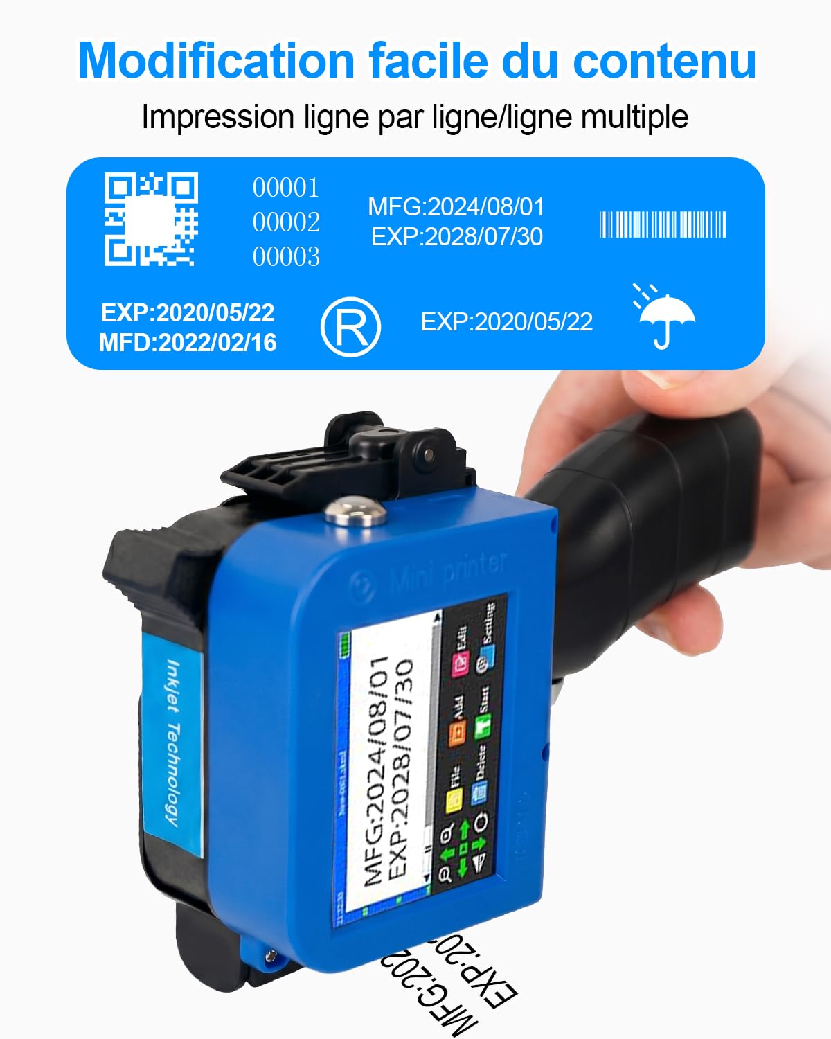 Imprimante à Jet d'Encre Portable 42ML Cartouche Séchage Ultra-Rapide 1-4 Lignes Hauteur 2-12.7mm Machine de Codage