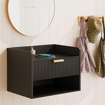 Arbuxzuy Floating Nightstand with Charging Station, Modern Wall Mounted Bedside Table with Drawer & Open Shelf, Minimalist Wooden Night Stand for Bedroom Black