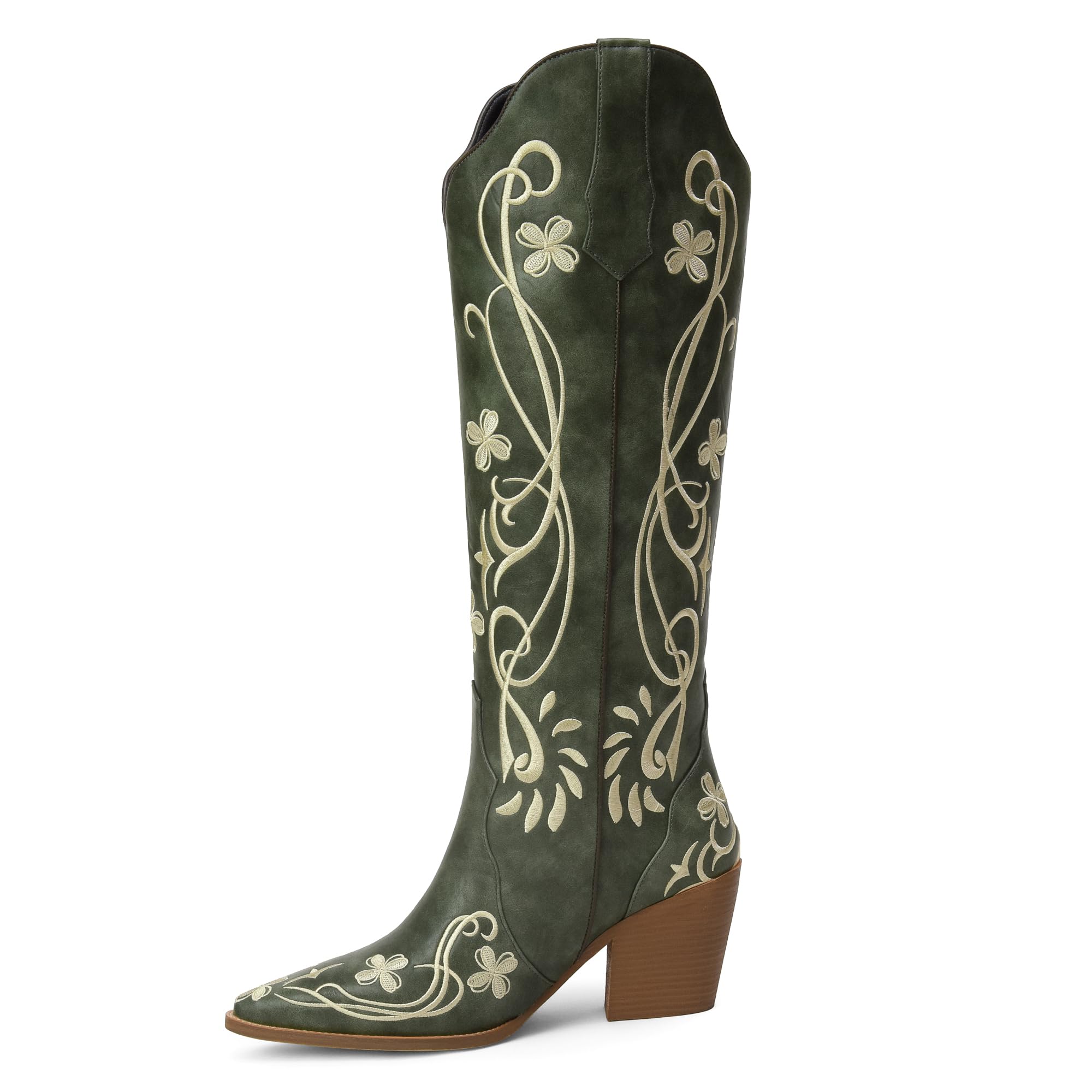 iiimmu Cowgirl Boots Women Knee High Vintage Cowboy Boots with Floral Embroidered Classic Pull On Design Western Footwear