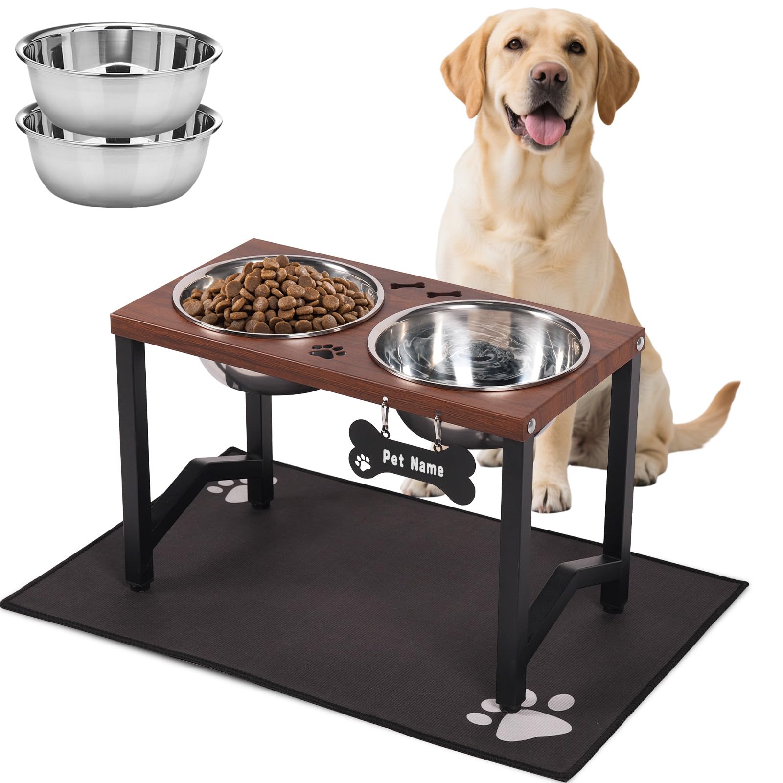 Elevated Dog Bowls, Metal Raised Dog Bowl Stand with 2 Thick 58oz Stainless Steel Food Bowls &amp; Non-Slip Mat - 11.8" Tall for Medium/Large Breeds(Brown)