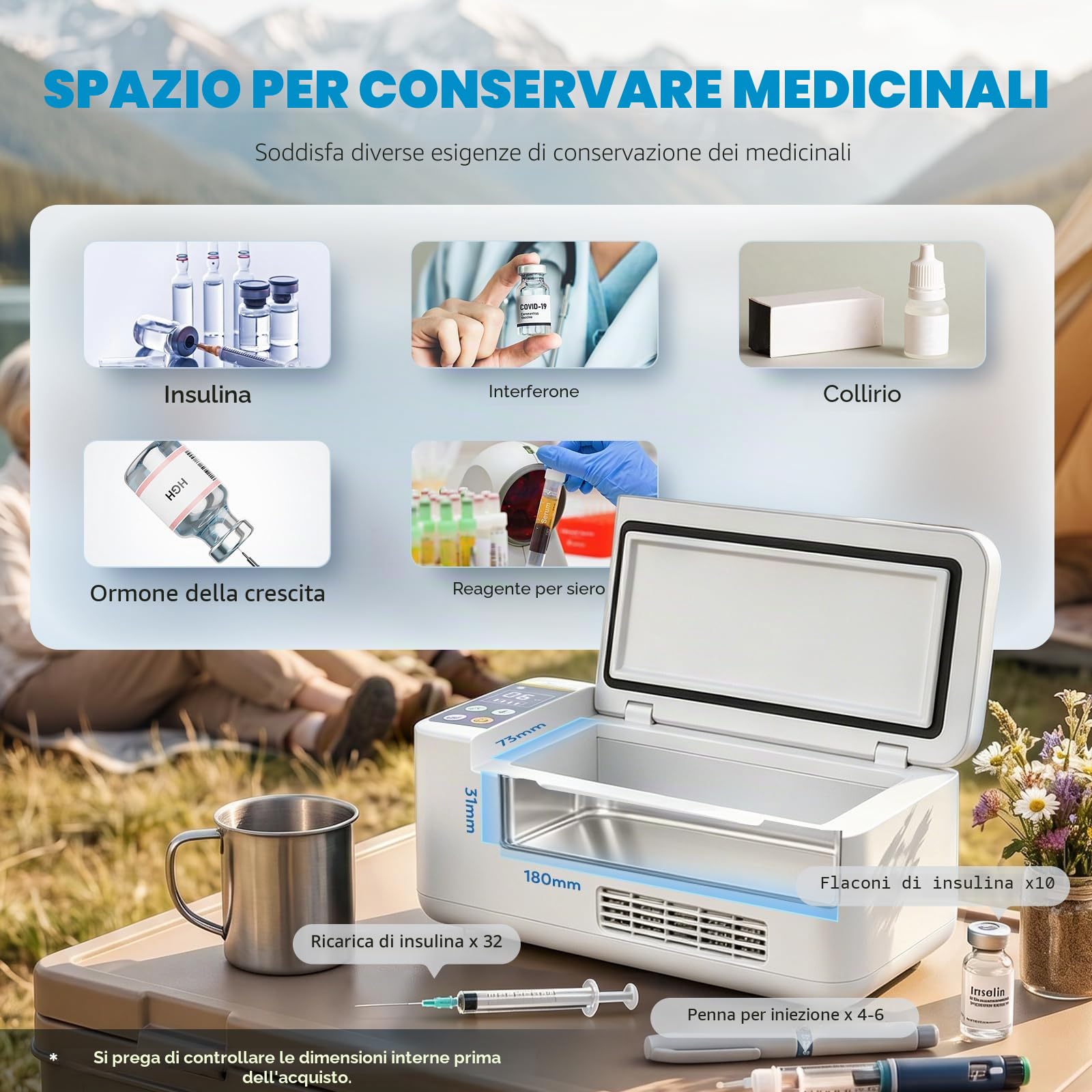 CGOLDENWALL Frigorifero Portatile per Insulina 180 * 79 * 31mm Grande Capacità, Refrigeratore di Medicinali, 6-8 Ore di Durata della Batteria, con Sistema di Allarme & Display a LED Tattile (Bianco)