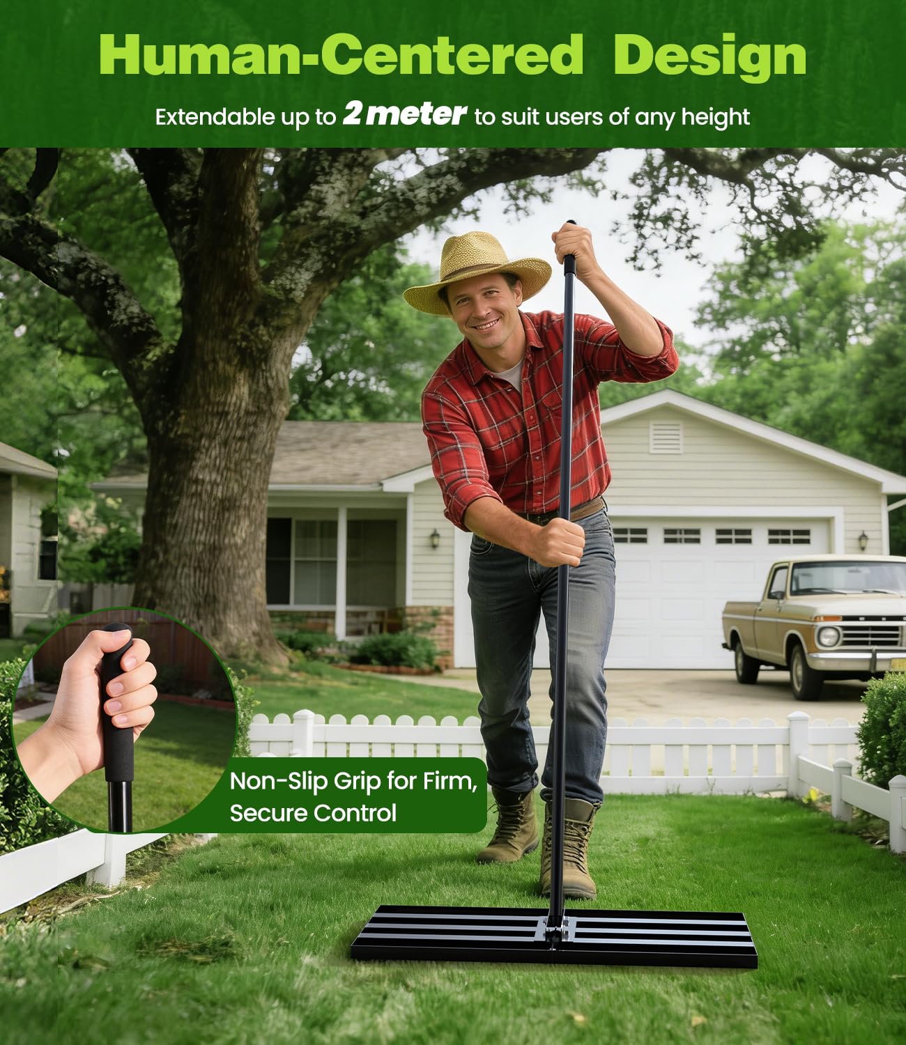 Lawn Leveling Rake 2-in-1 Rasenbelüfter & Sandstreuer mit schmaler Kante | Rostfrei durch Pulverbeschichtung |204x 76x 25cm | Ideal für Garten, Golfplatz und Landschaftsbau