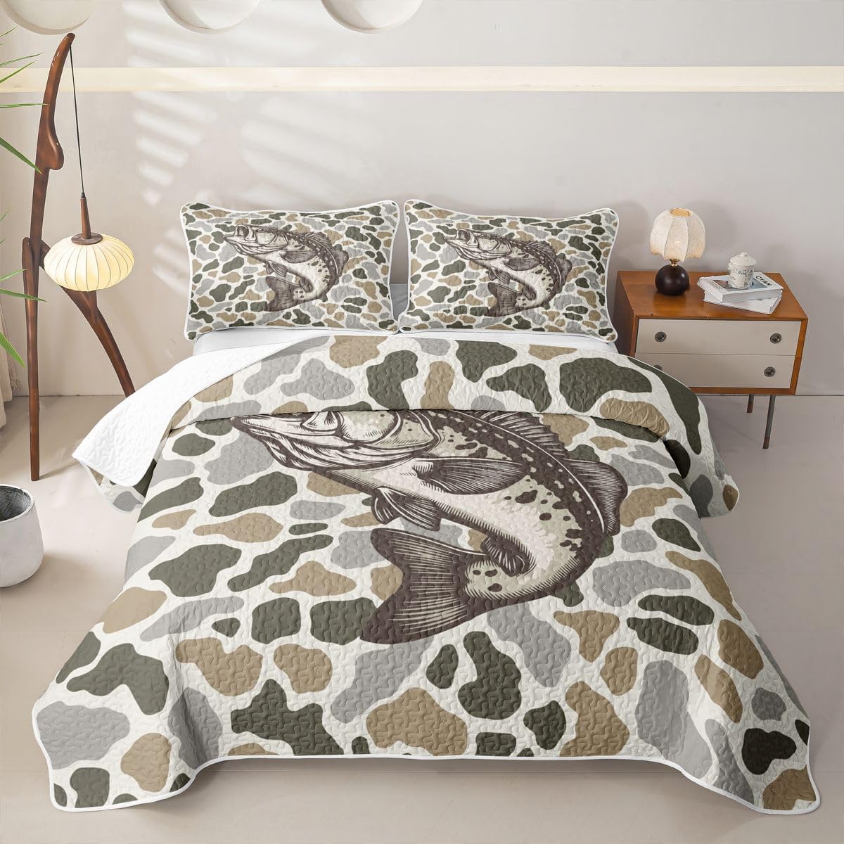 Feelyou Camo Bass Fish Quilt Set Queen Size Kids Boys Girls