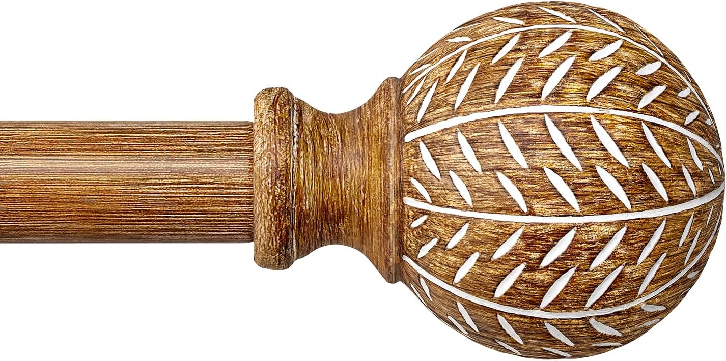 Wood Curtain Rods for Windows 48 to 84 Inch(4-7ft),1'' Diameter Drapery Rods with Imitation Wood Grain Leaf Pattern Finials,Boho Adjustable Heavy Duty Curtain Rods Set,36-88''