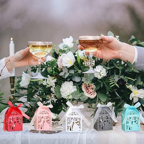 Miniatura 5 de 50 cajas de regalo de boda cortadas con láser, bolsa de caramelos, cajas de regalo de chocolate con cinta, patrón romántico de amante, galletas de