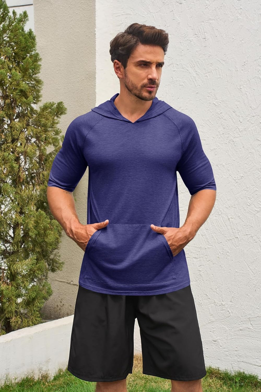 Men's Thin Hooded T Shirt Sweatshirts Short Sleeve Cool Solid Color Pullover Hoodies with Kangaroo Pockets - Image 2