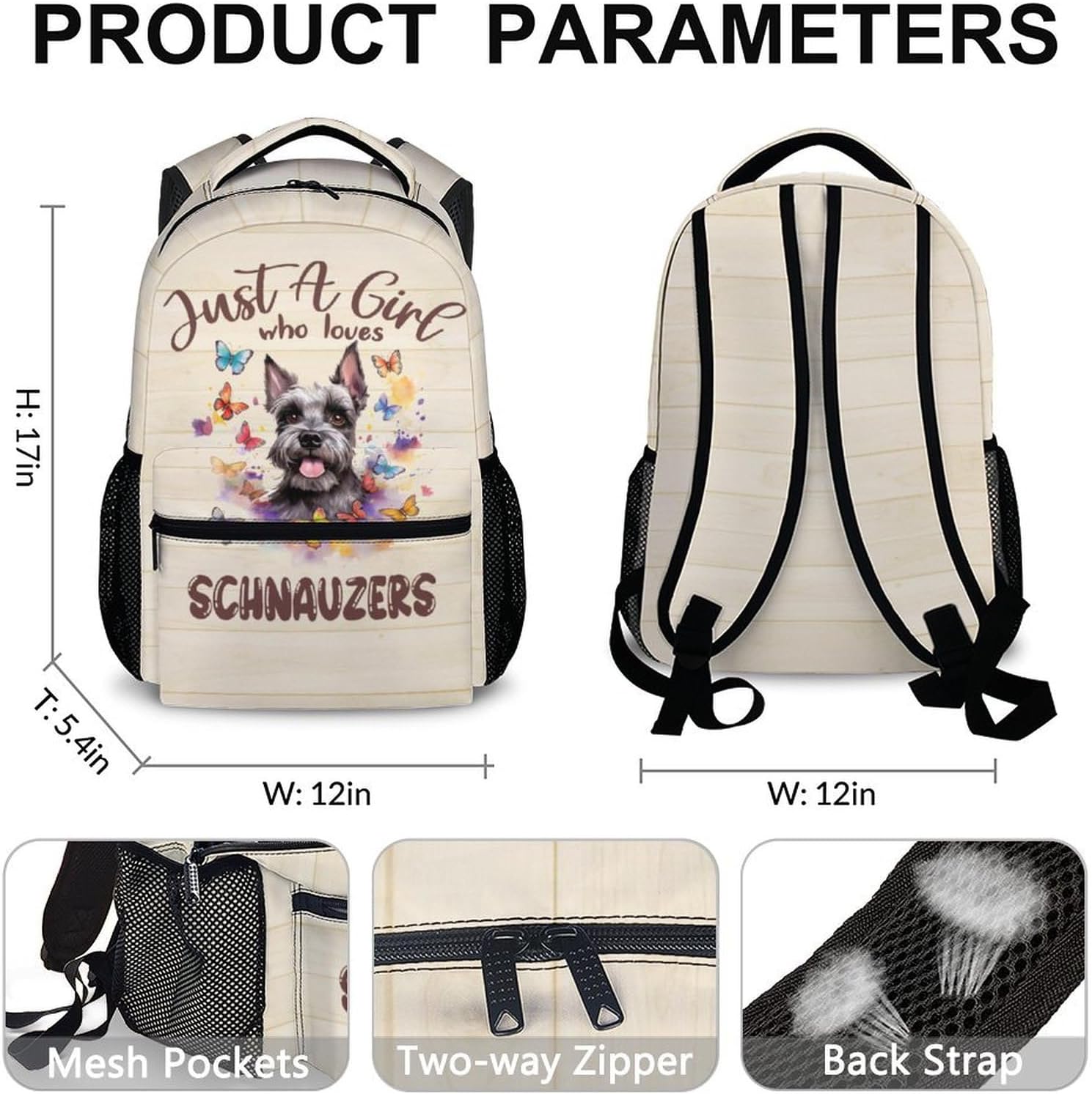 Dog Backpack for Dog Lovers - Cute Schnauzer Theme Backpacks for Girls Women - Cartoon 17" Dog Print Bookbag for School - Beige Large Lightweight Daypack for Travel