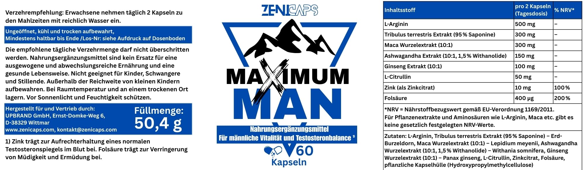 MAXIMUM MAN Original | Für aktive Männer – mit Zink für den Testosteronspiegel* | Einfache Anwendung | mit L-Arginin, Tribulus Terrestris, Maca, Ashwaganda