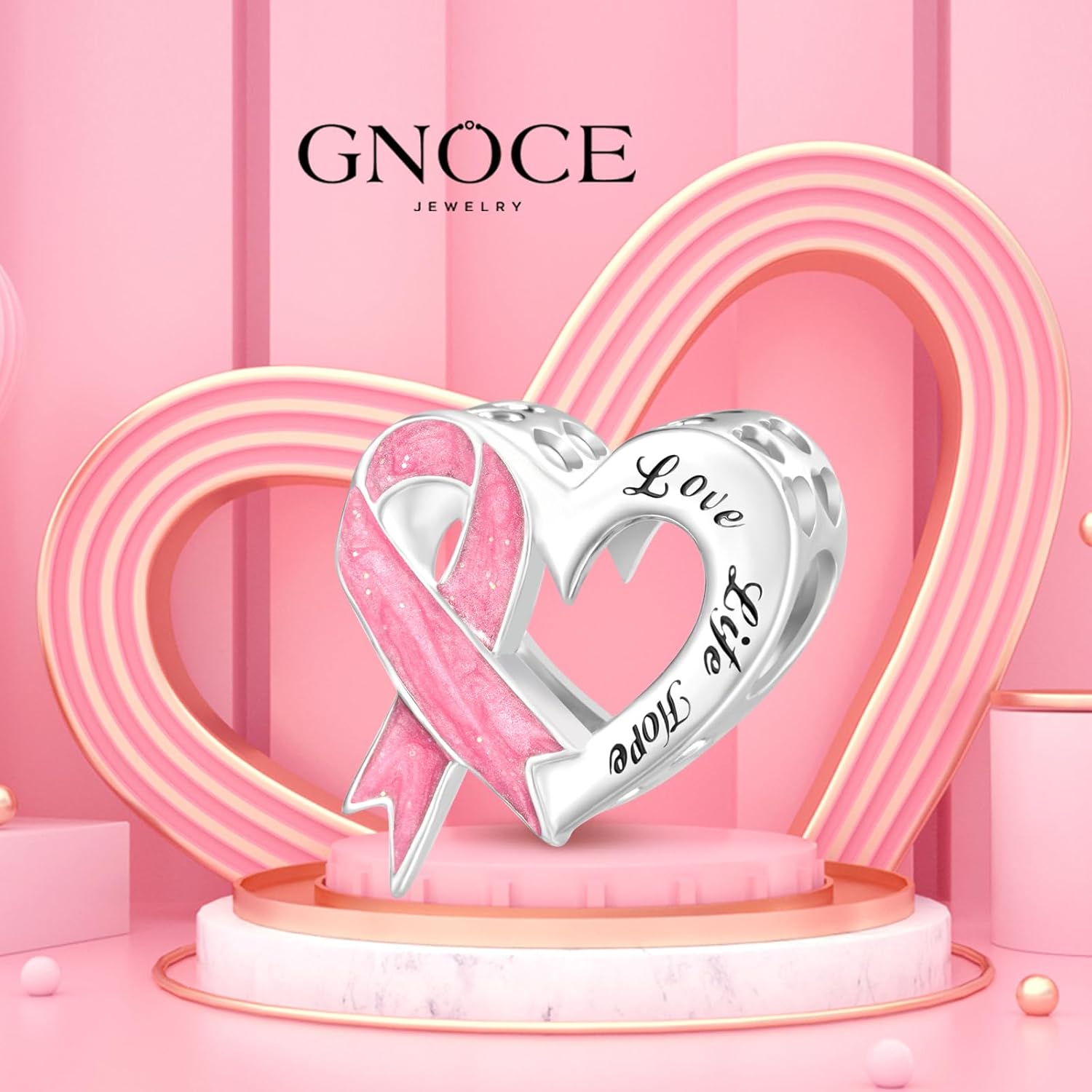 GNOCE Breast Cancer Awareness Pink Ribbon Heart Charm Sterling Silver Bead Charm Fit Bracelet/Necklace for Women Wife/Jewelry Gift - Image 3