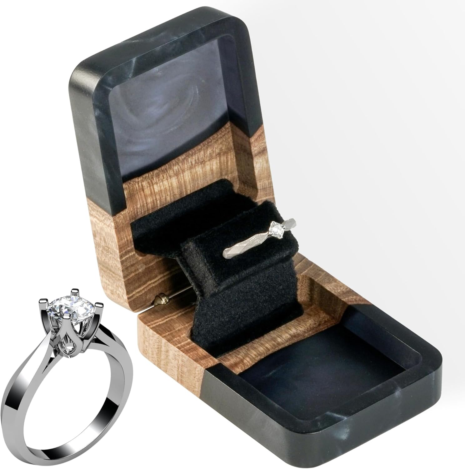RWA Slim Engagement Ring Box for Proposal – Unique Wedding Ring Holder & Jewelry Display Case – Travel Jewelry Organizer, Ring Bearer Box, Proposal Gift, Wedding Ring Box for Ceremony, FLIP, black