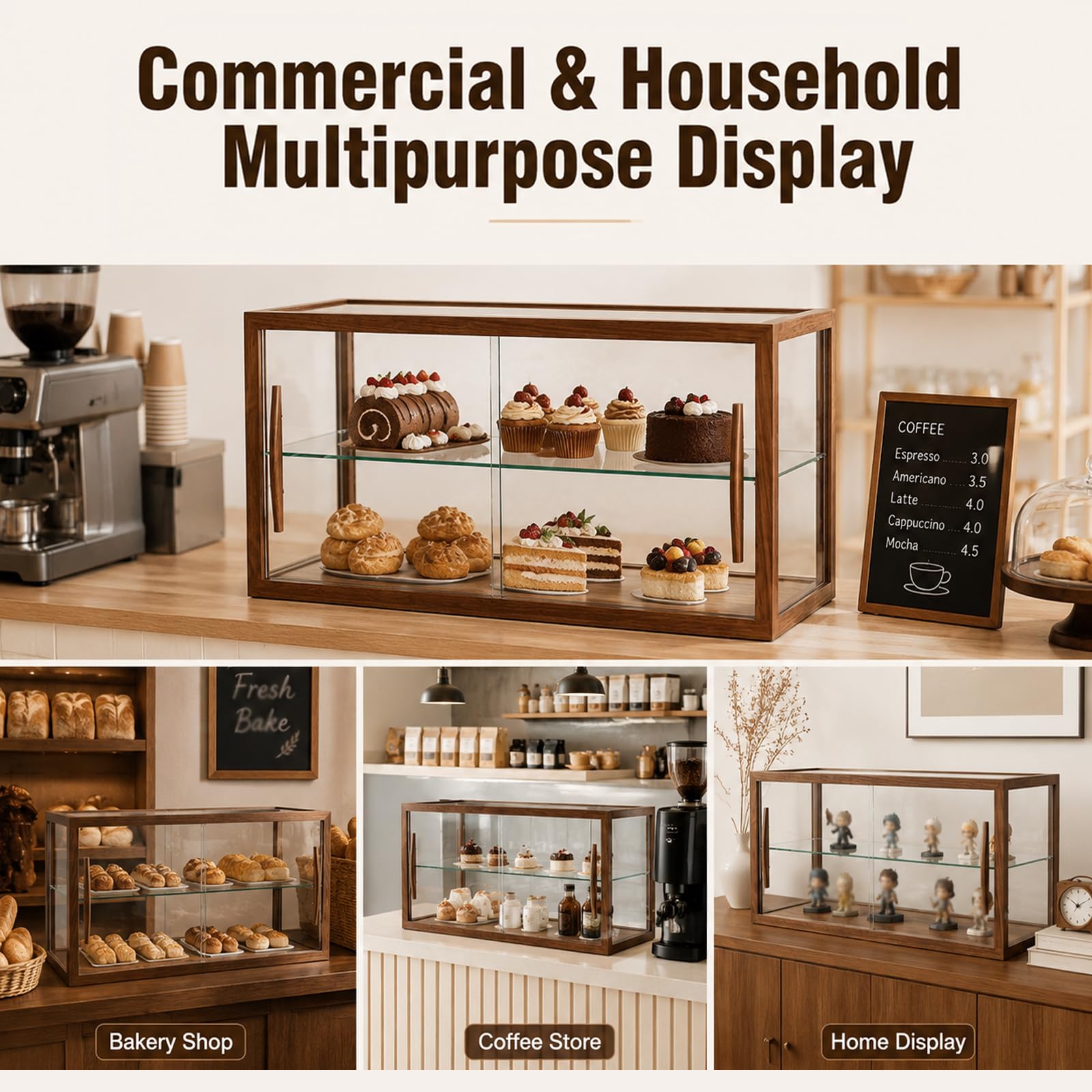 Vitrina de Panadería, Vitrina de Pastelería con Encimera de Puerta Corrediza de Vidrio de 5 Lados, Vitrina de Madera para Postres Magdalenas Galletas Y Donas para Panadería Cafeter cherry wood single