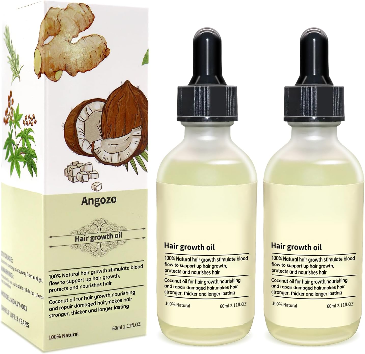 Veganic Hair Oil,100% Natural Growth With Caffeine,Biotin,Coconut,Macadamia,Rosemary and Castor for Growth,Thickening Hair Mask & Loss Treatment,60ml-2PCS