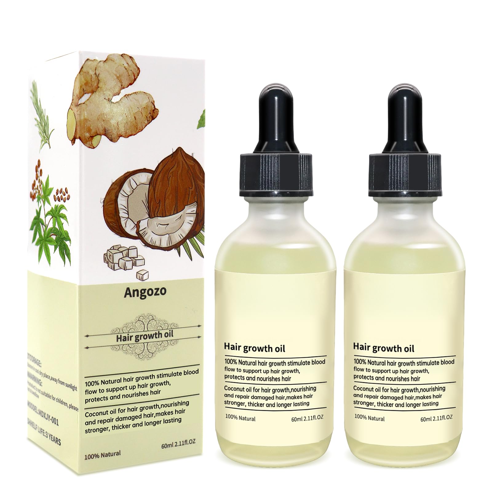Veganic Hair Oil,100% Natural Growth With Caffeine,Biotin,Coconut,Macadamia,Rosemary and Castor for Growth,Thickening Hair Mask & Loss Treatment,60ml-2PCS