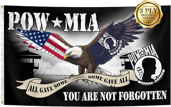 Pow Mia Eagle Flag 3x5 Feet Double Sided 3 Ply You Are Not Forgotten Prisoner of War Military Flags Banner with 2 Brass Grommets for Indoor Outdoor Party Yard Bar Garden Street Decorations