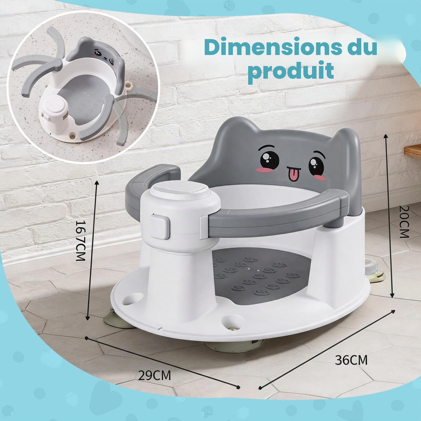 Siège de bain pour bébé dès 6 mois, siège antidérapant avec ventouses, accoudoirs ajustables, siège sécurisé pour baignoire et douche, libère les mains des parents