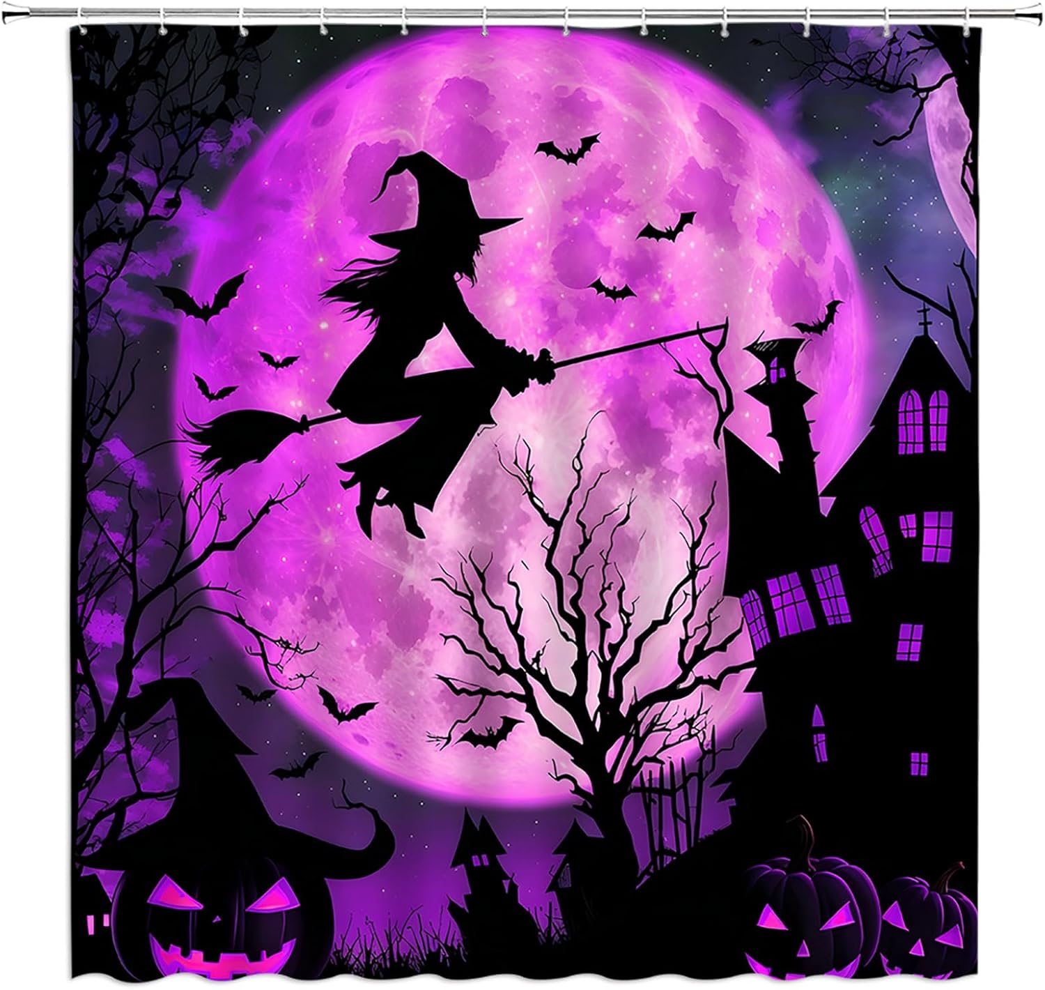 Spooky Halloween Shower Curtain Horror Witch Pumpkin Scary Castle Dead Tree Full Moon Bat Gothic Halloween Fabric Bathroom Decor Set with Hooks,(84" Wx70 H)