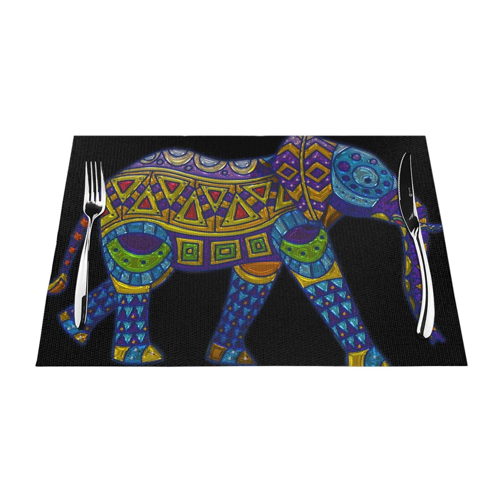 PVC Placemat Set of 6 PCS, 45x30 CM, Colorful Elephant Printed Non-Slip Heat Resistant Place Mats for Kitchen Dining Table Indoor Outdoor
