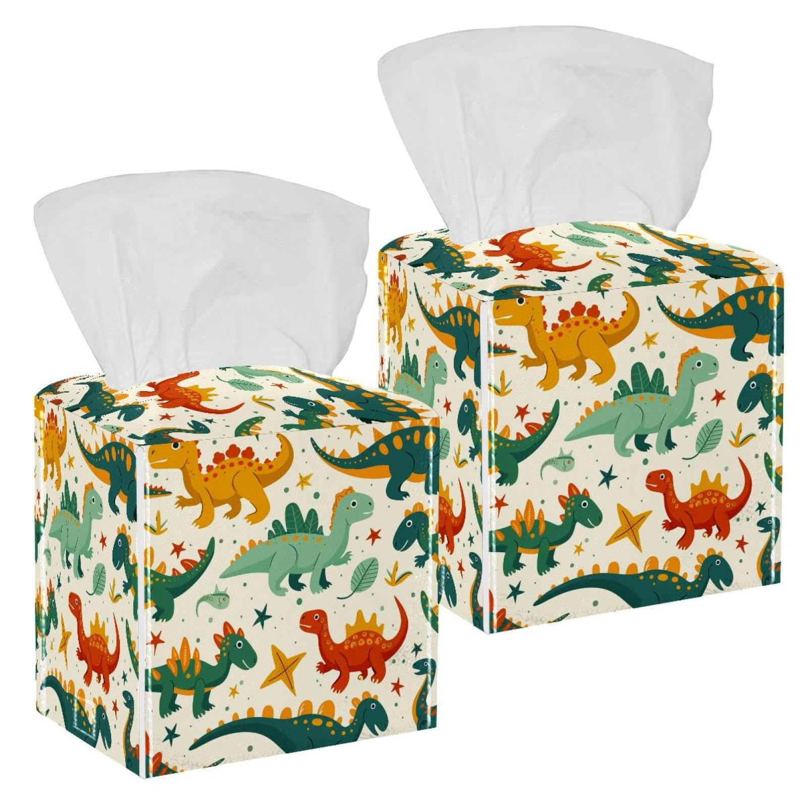 Cartoon Dinosaur Tissue Box Cover, 2 Pack PU Leather Square Facial Tissue Dispenser Box holder for Home Office Car