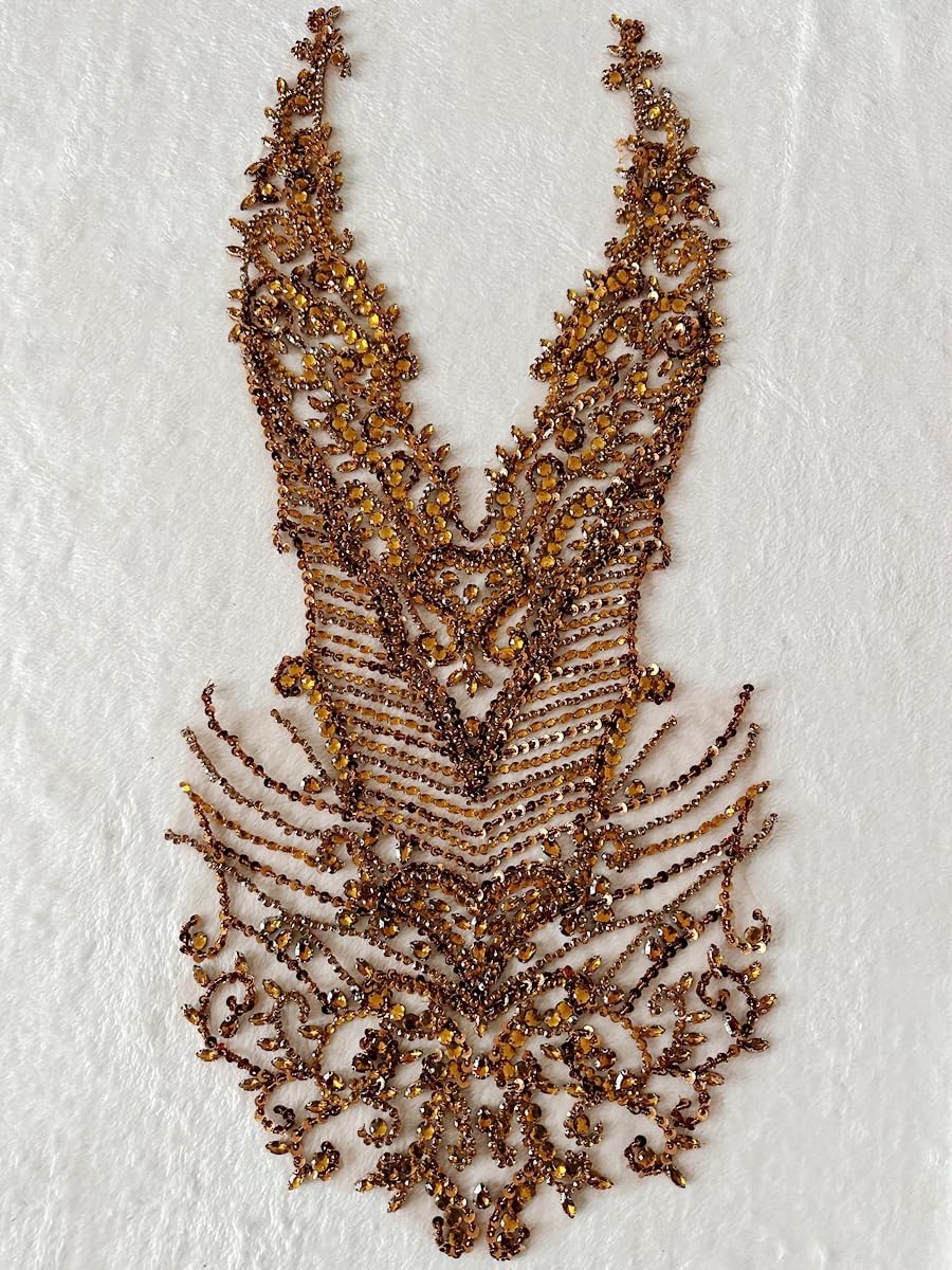 Large Size Rhinestones Beads Bodice Applique handsewing Shining Acrylic Stones Trim lace Patches for Wedding Graduation Dress Accessories 31X13.7inches (Brown)