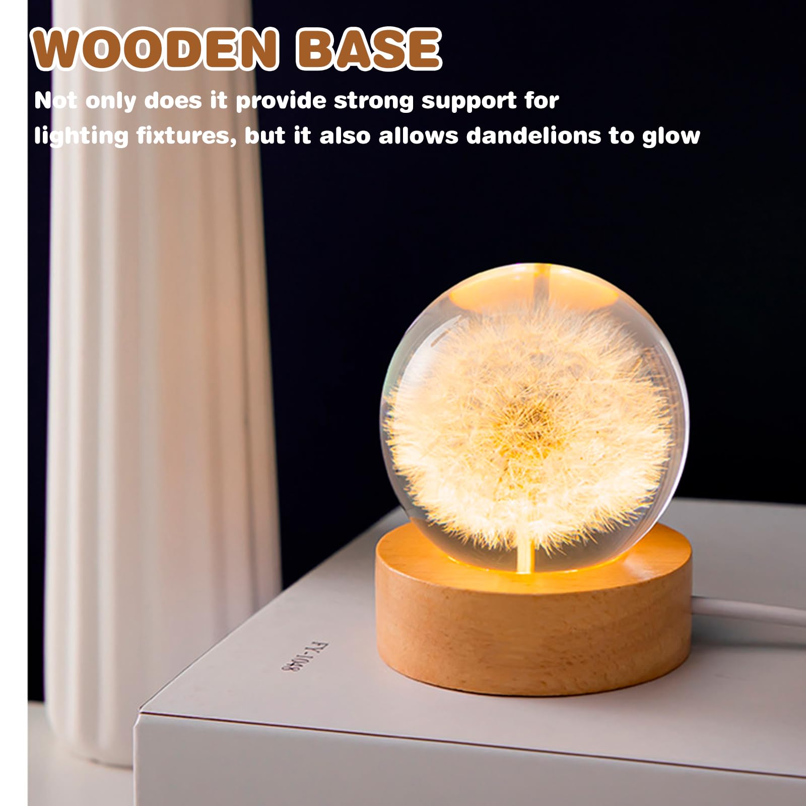 Sporgo Paardenbloem kristallen bol nachtlampje: 6 cm glazen bol met LED houten sokkel, bloemen glazen bal nachtlamp decoraties USB houten sokkel met schakelaar, glazen bal lamp voor huisdecoratie