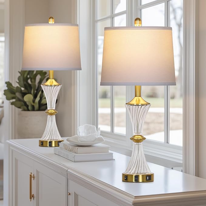 Rinweey Crystal Glass Table Lamp Set of 2 with USB C+A Ports & AC Outlet, White Lamp, Modern Bedroom Lamps, Gold Lamp for Night Stands Bedroom Living Room,Nightstand Lamp LED Bulbs Included photo 5